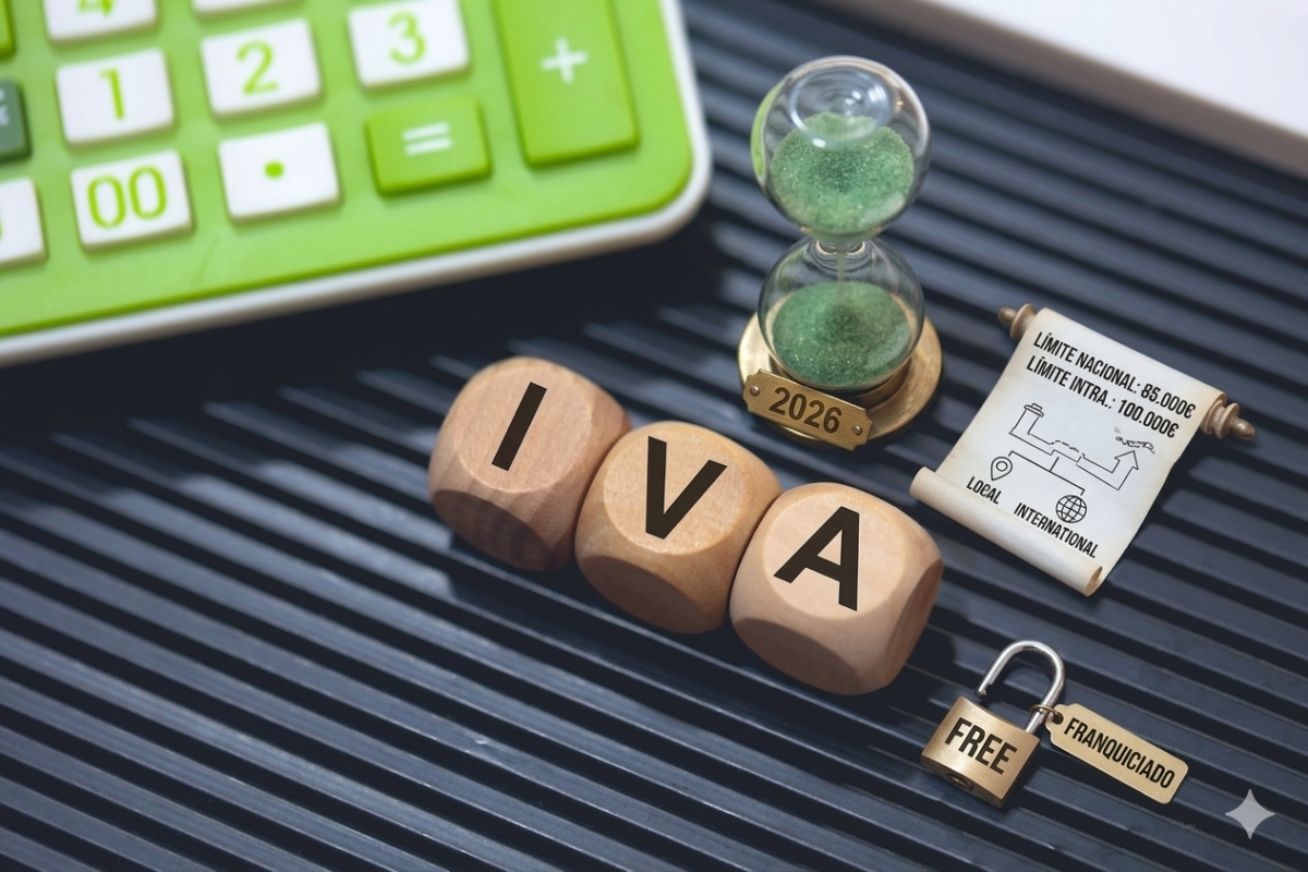 Dados de madera con las siglas IVA junto a un reloj de arena y candado abierto, simbolizando el nuevo régimen de franquicia del IVA 2026 en España.